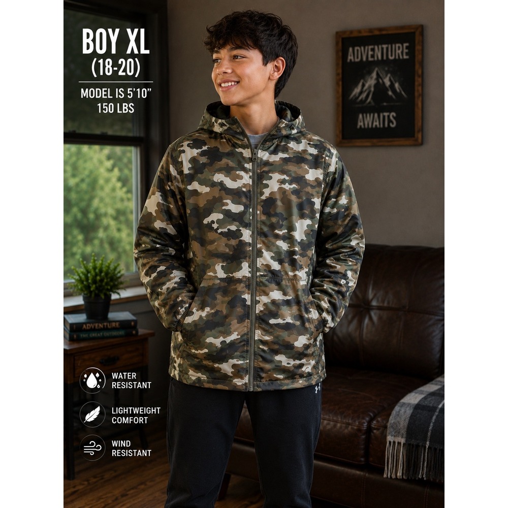 Lands' End Boys XL 18\-20 Camo Full Zip Hooded Mesh Lined Windbreaker Jacket